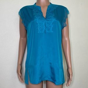Worthington Teal Sleeveless Laced V Neck Tunic Top Size L
